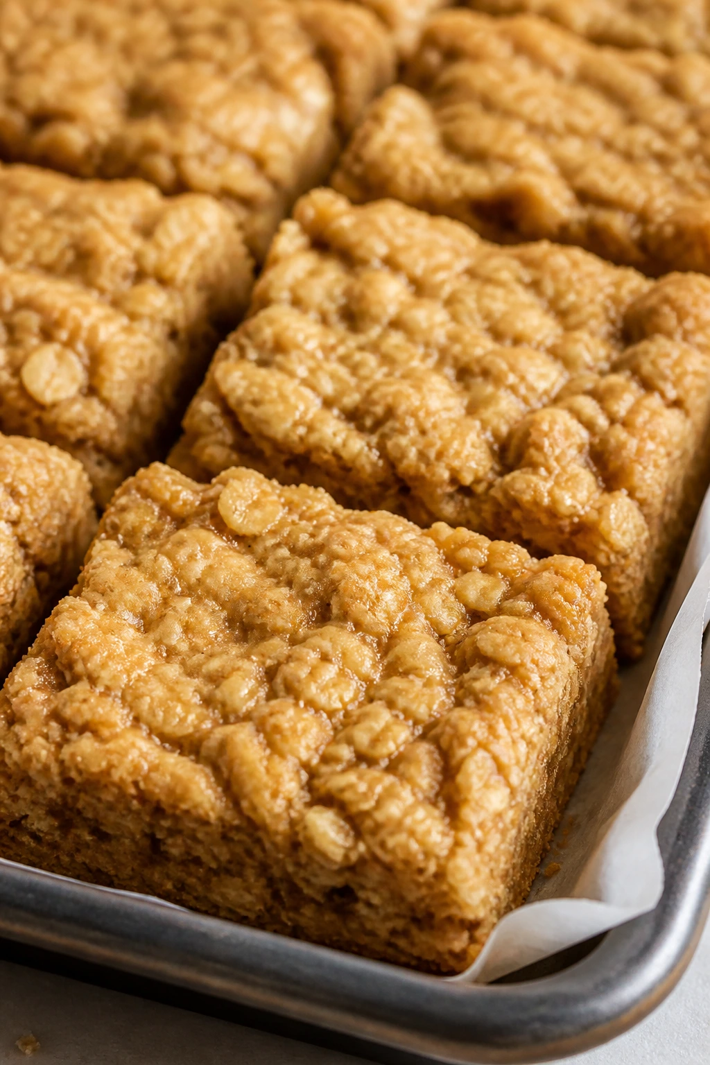 Close-up of peanut butter oat bars cut into neat squares on parchment