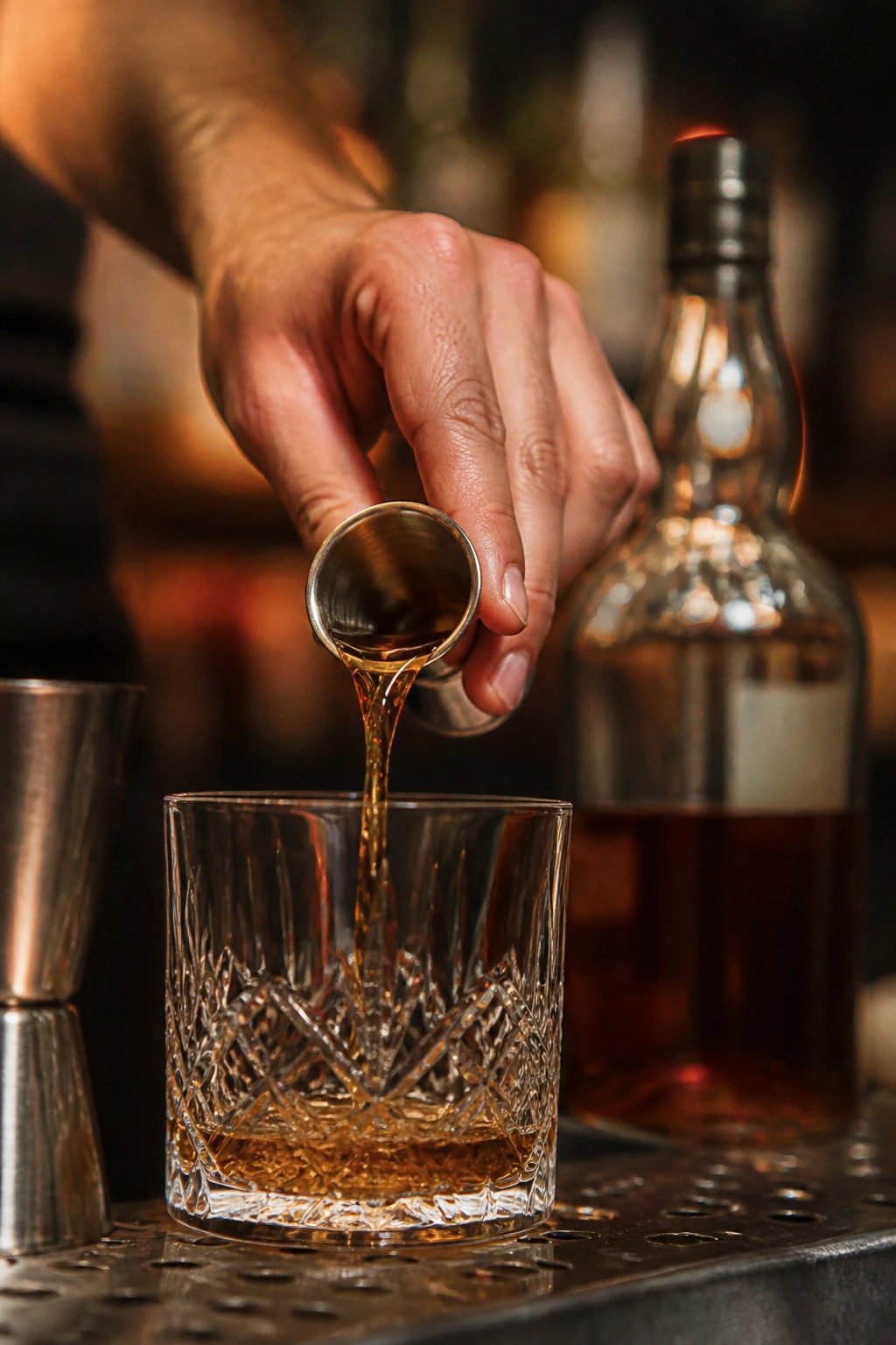 Bartender hand poised to pour rum into a glass in a warm bar
