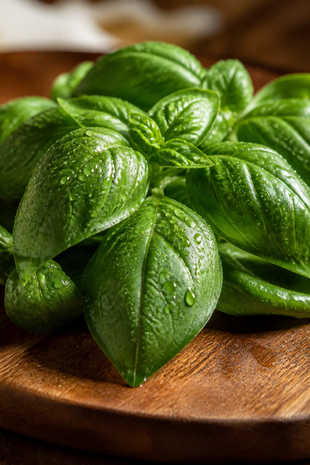 Fresh basil leaves close-up on wooden board