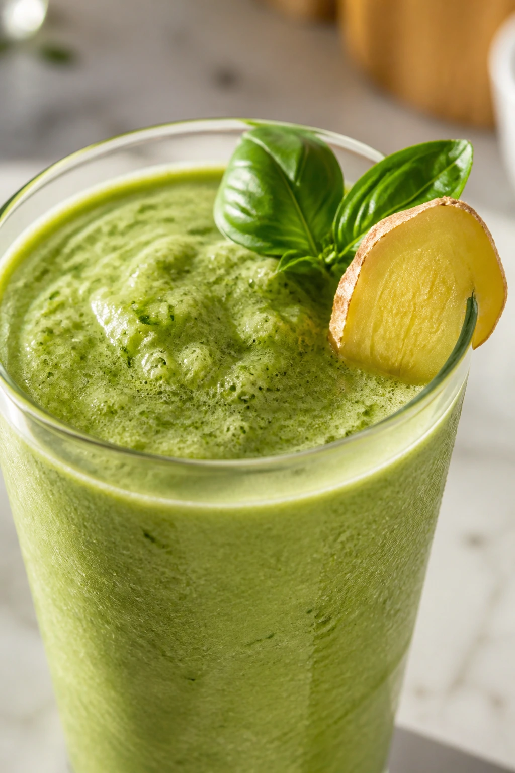 Green goddess smoothie with basil and ginger garnish close-up