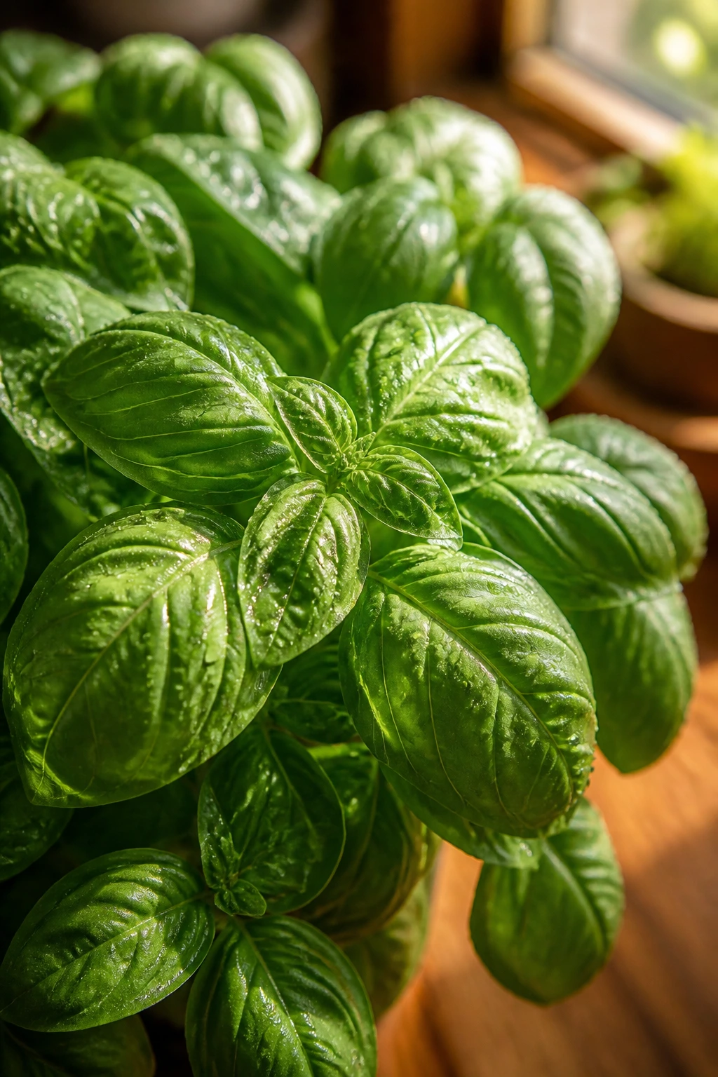 Close-up of fresh basil leaves in a warm kitchen light