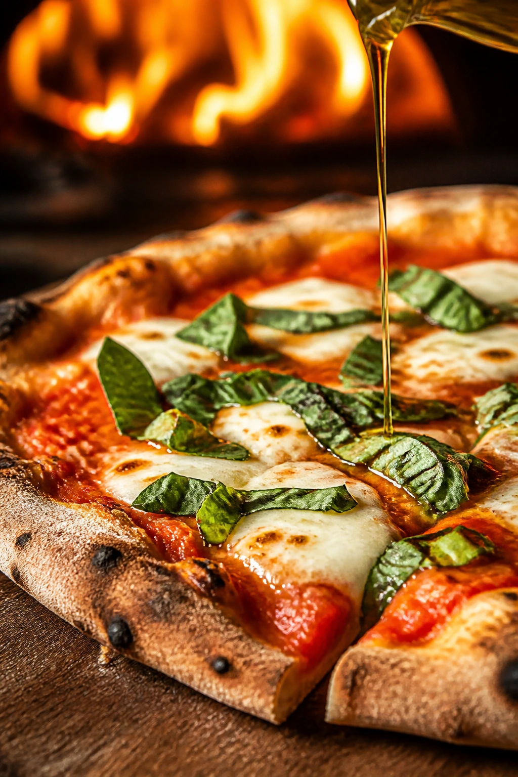 Fresh basil on a hot Margherita slice with olive oil drizzle.