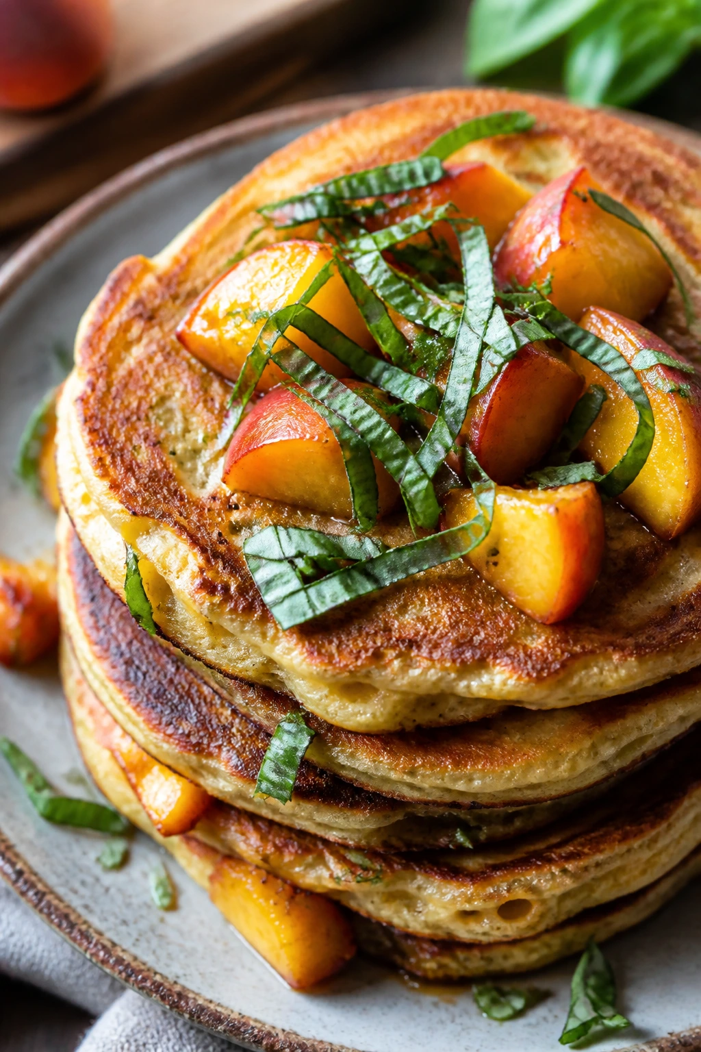 Close-up of Basil Peach Pancakes with peach and basil garnish