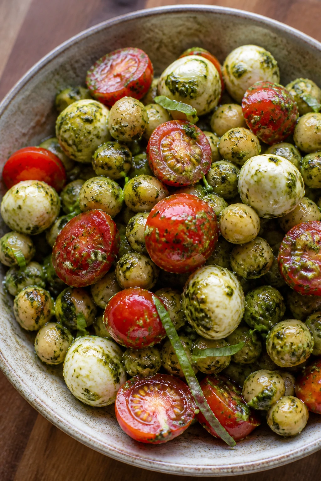 Close-up of Pesto Chickpea Tomato Salad with pesto-coated chickpeas, tomatoes, and mozzarella.
