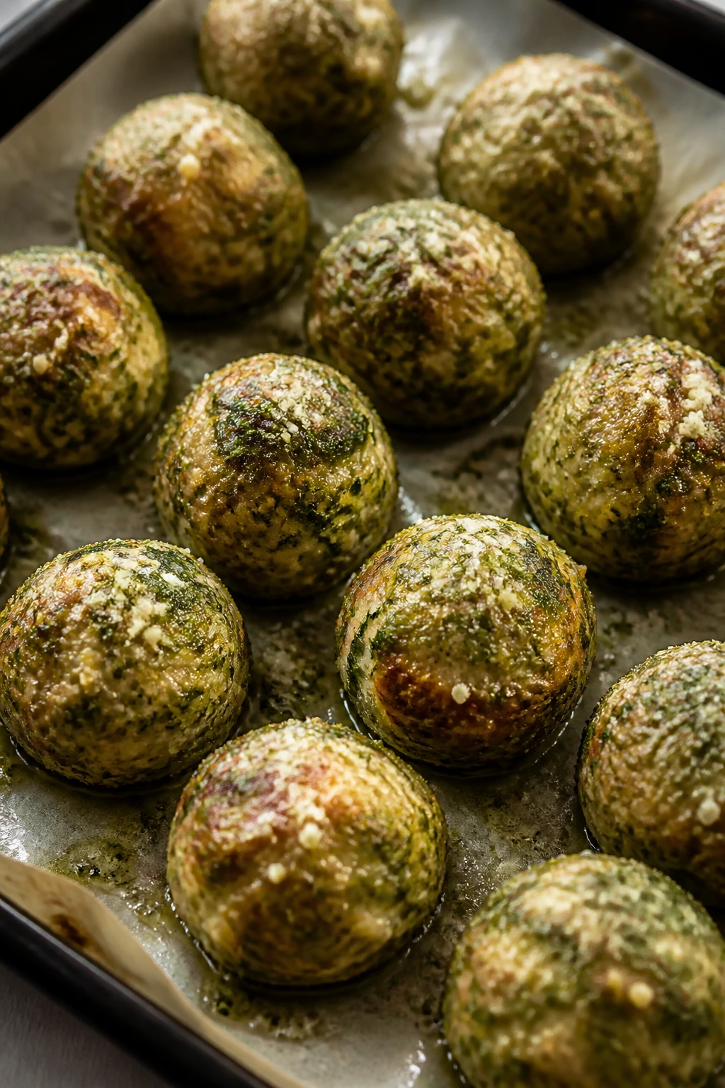 Basil pesto turkey meatballs on parchment, close-up.