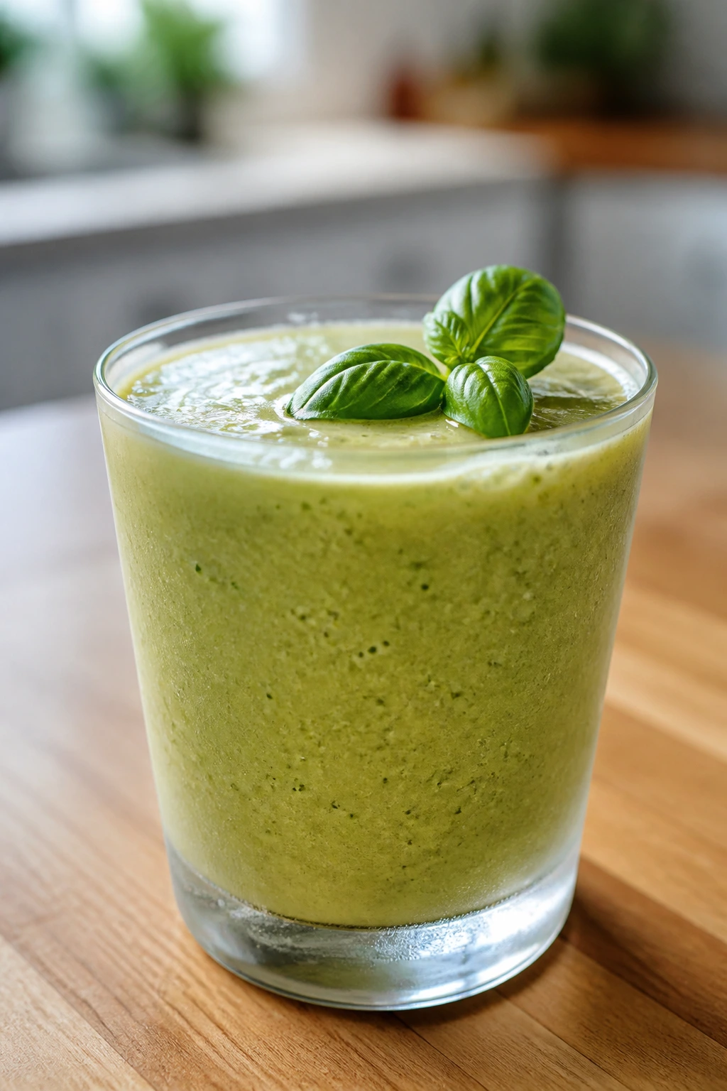 Close-up of pale green basil smoothie in a chilled 12oz glass with a basil leaf on a wooden counter