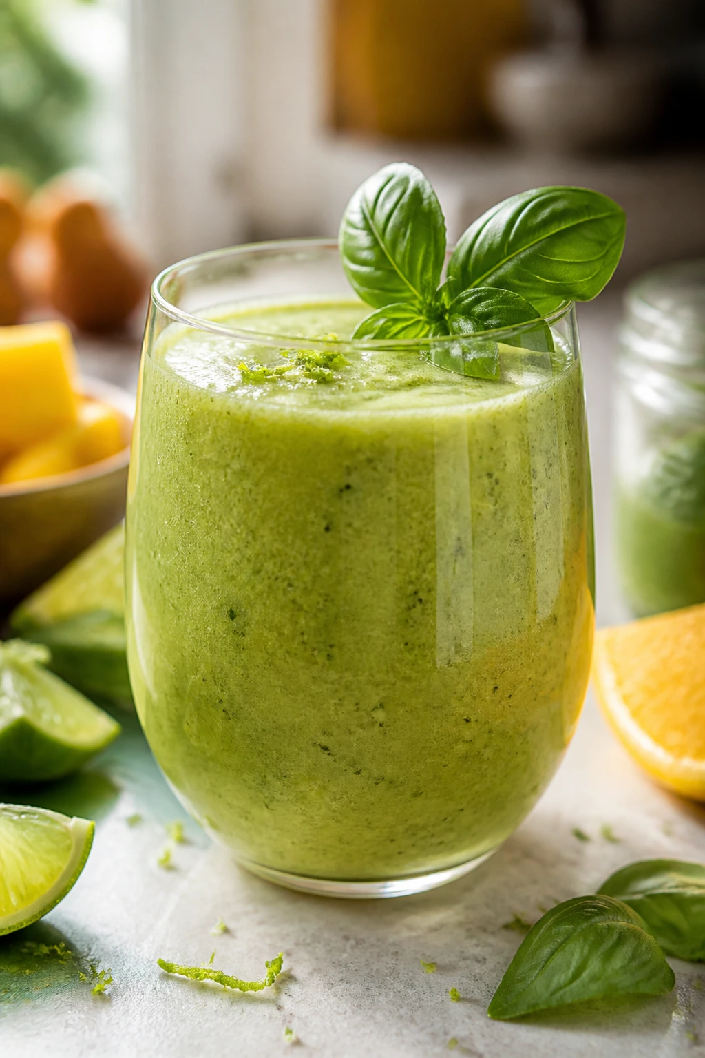 Vibrant tropical basil smoothie in a glass with lime zest