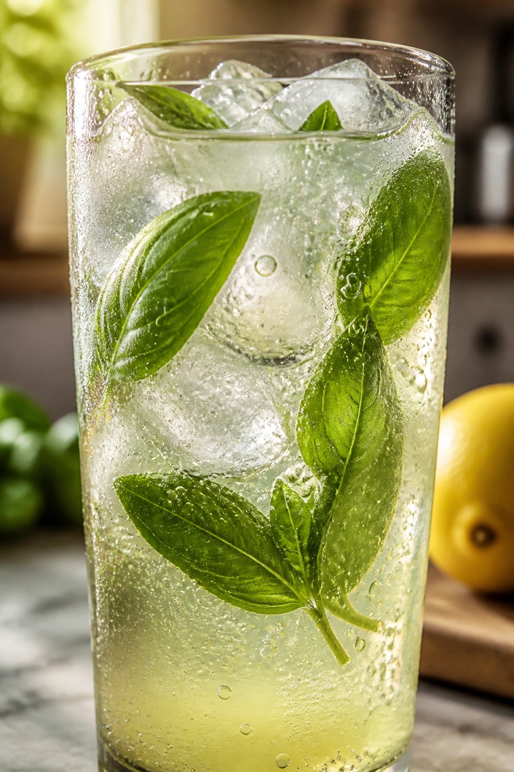 Close-up of basil lemon soda in a glass with fresh basil leaves