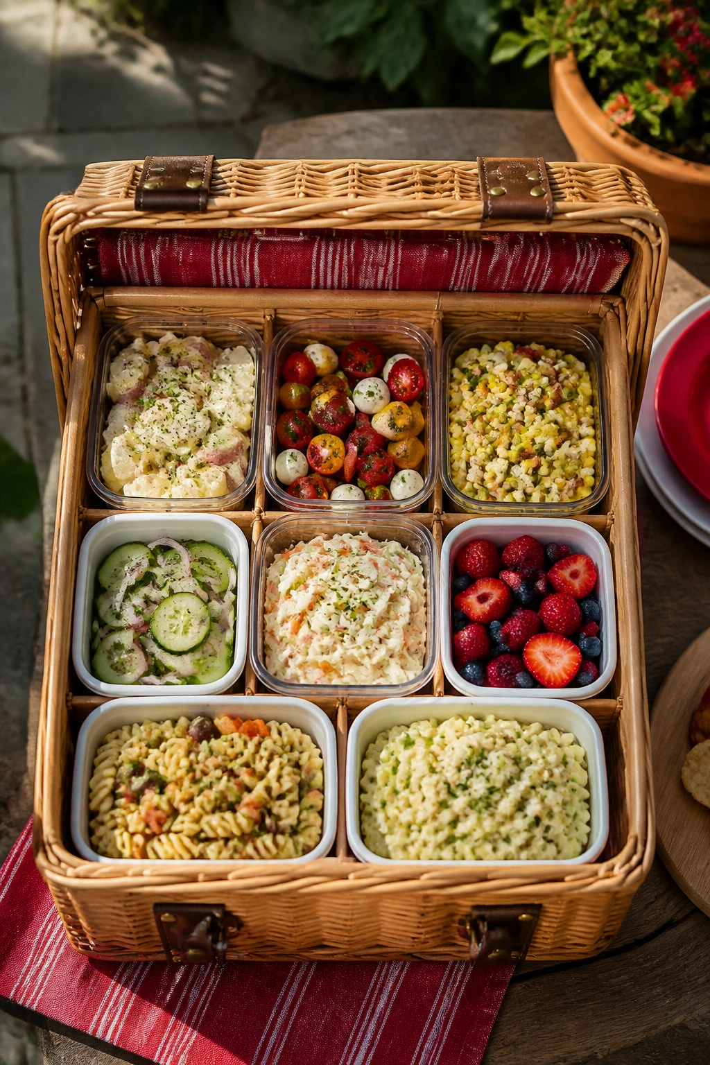 Organized picnic basket showing separate containers for sides