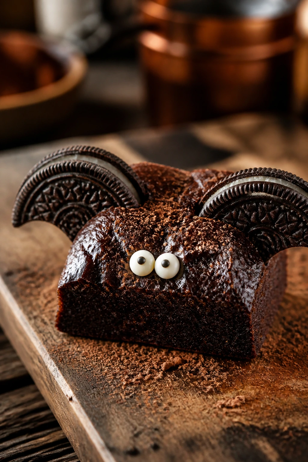 Close-up of a bat brownie with cookie wings and espresso dust on a wooden board