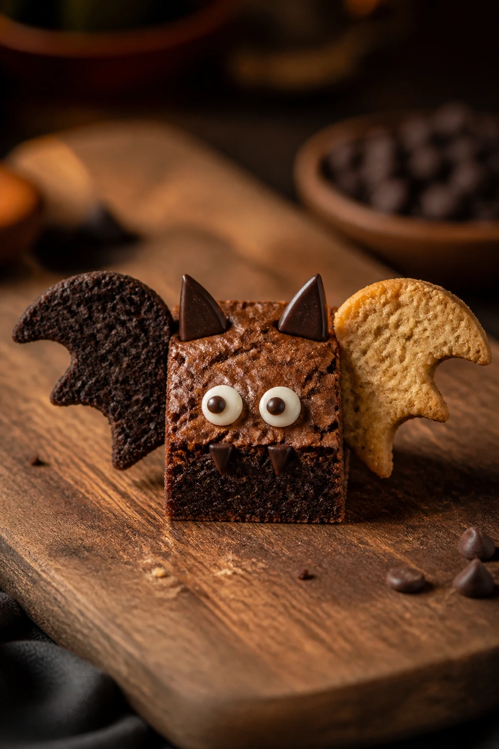 Bat brownie with two distinct wings showing variations on a wooden board