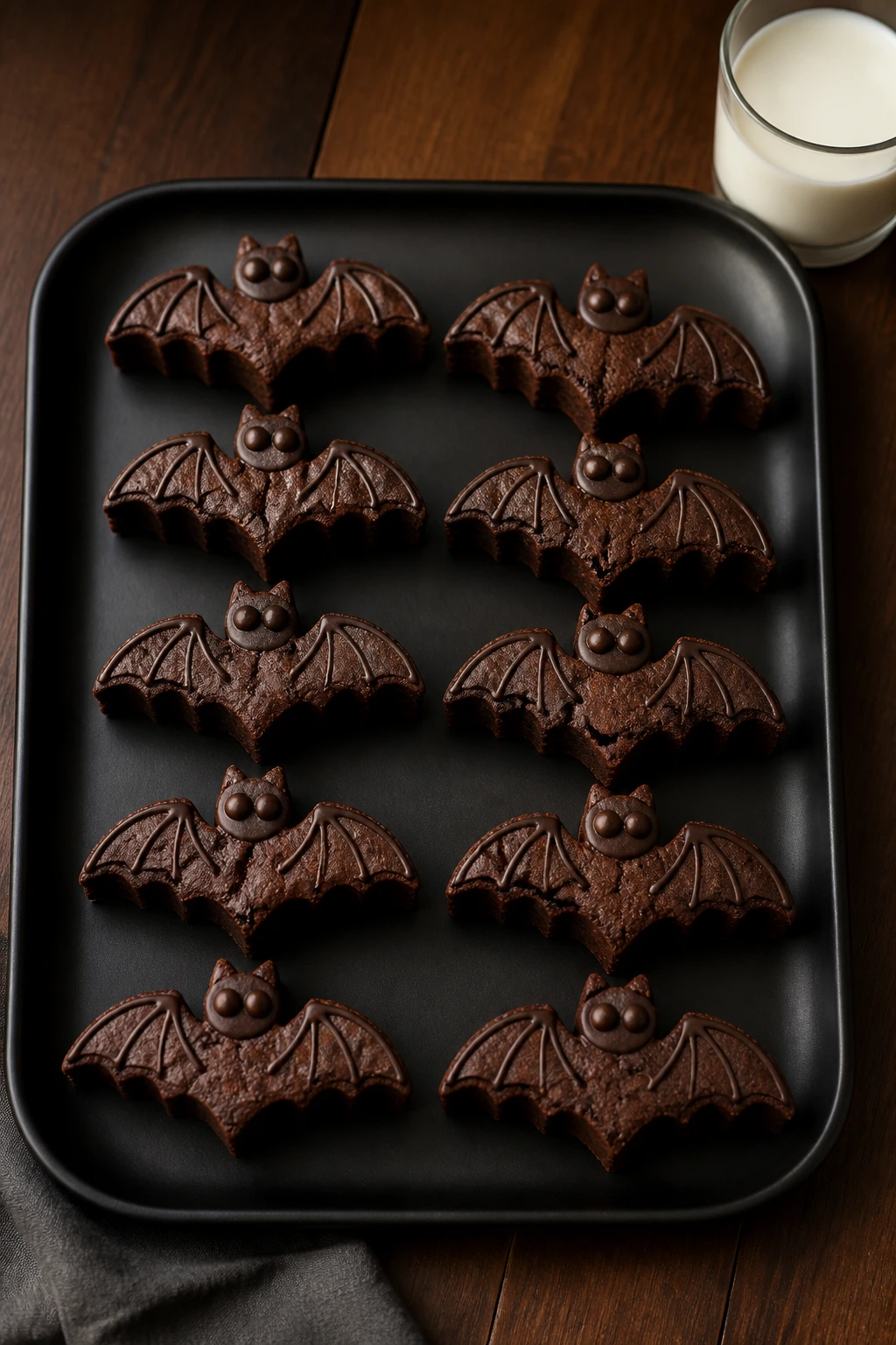 Bat brownies on a serving tray with glass of milk