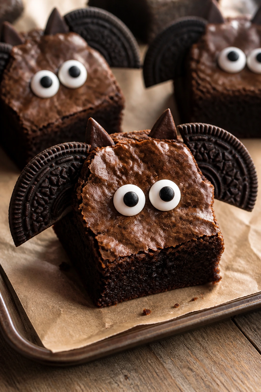 Close-up of bat brownie treats with Oreo wings and candy eyes on parchment in a warm kitchen