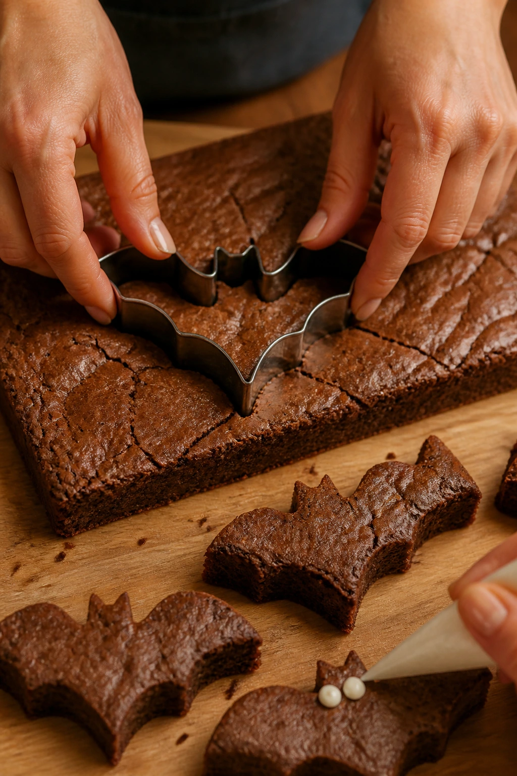 Hands using a bat-shaped cutter to shape brownies on a wooden board