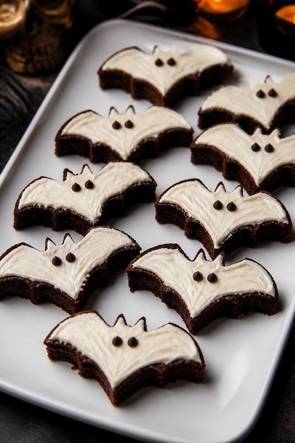 Bat-shaped brownies arranged on a white platter for a Halloween table