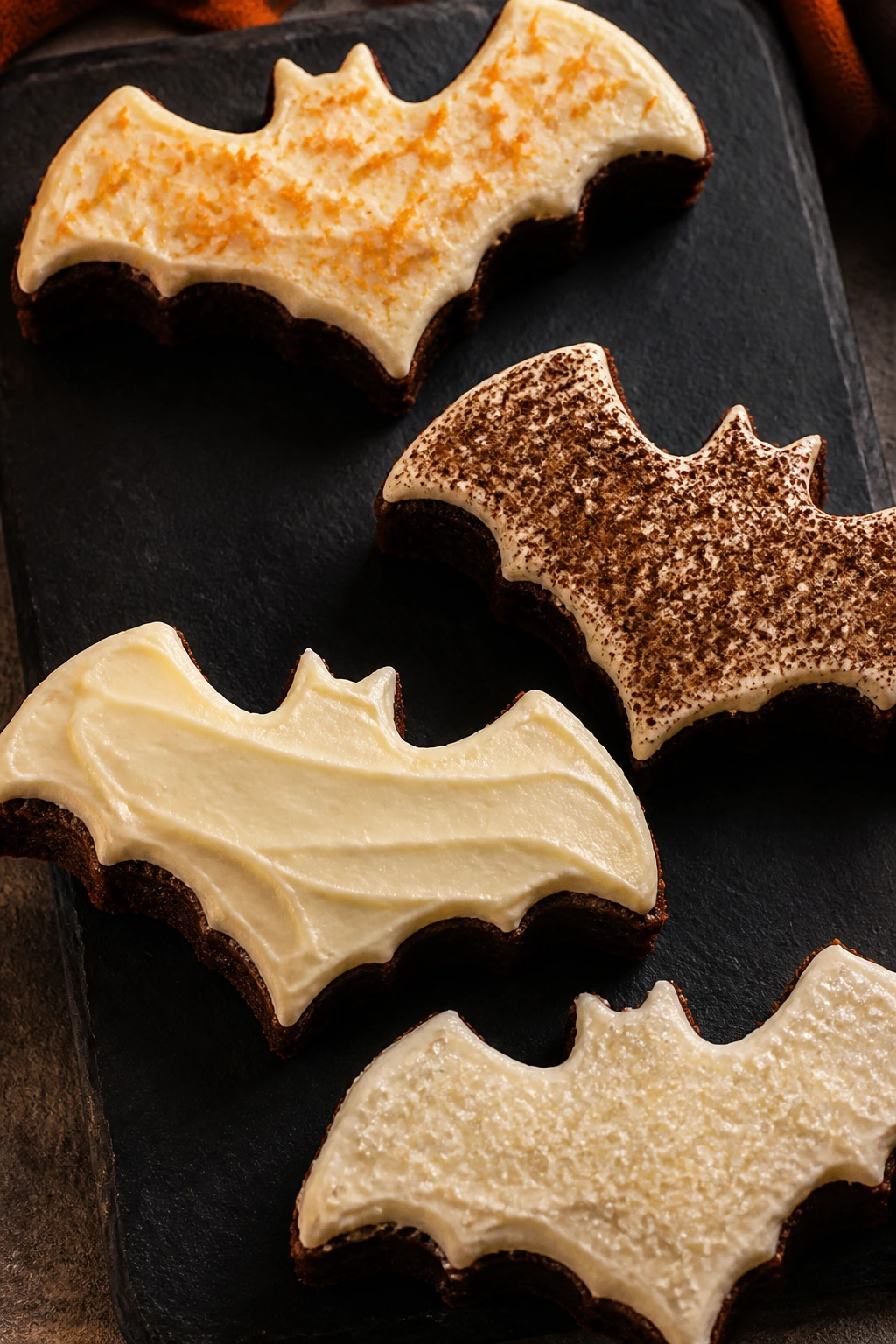 Assorted bat-shaped brownies with different frostings on a slate board