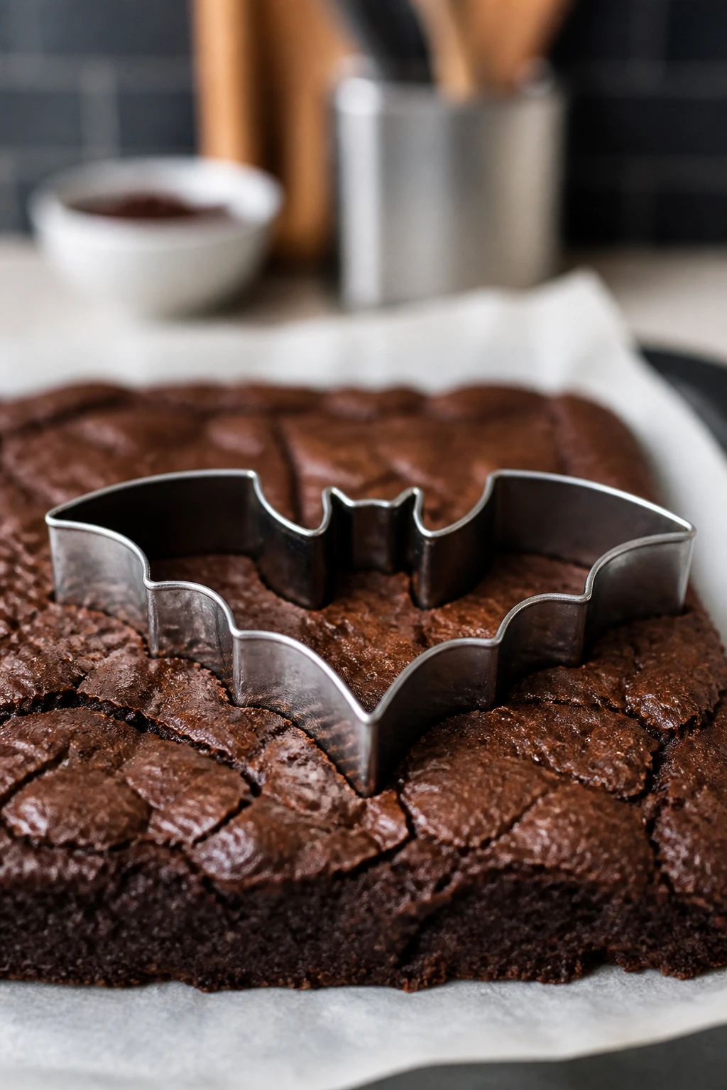 Bat-shaped cookie cutter cutting brownie on parchment