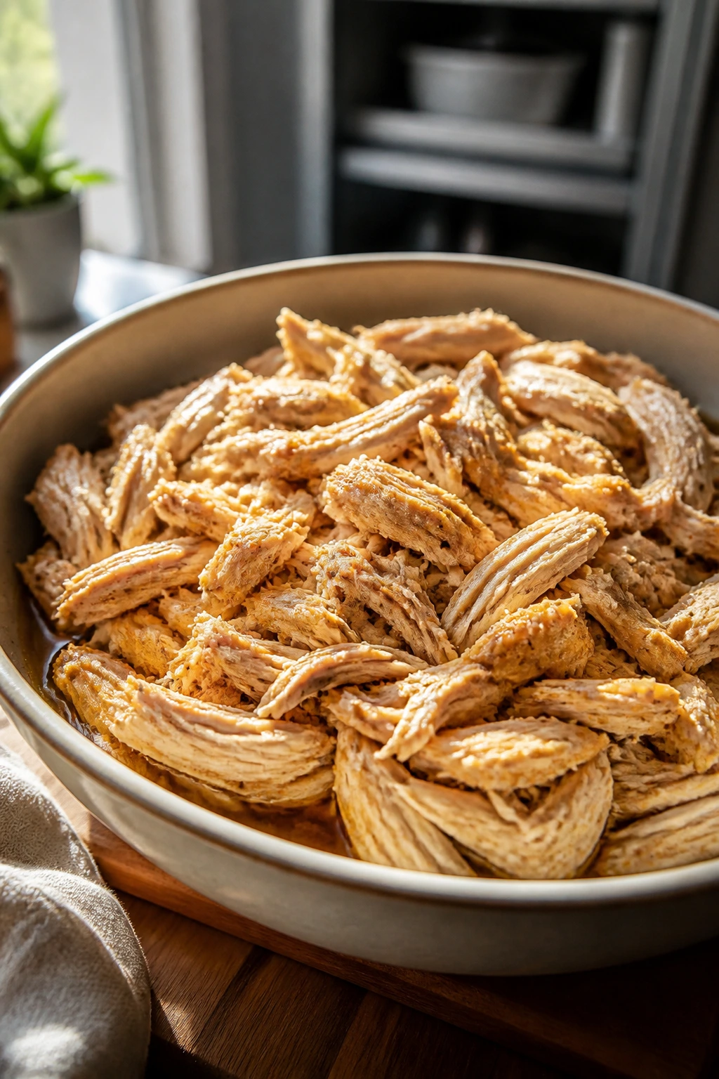 Shredded chicken in a large bowl ready for multiple weeknight dinners