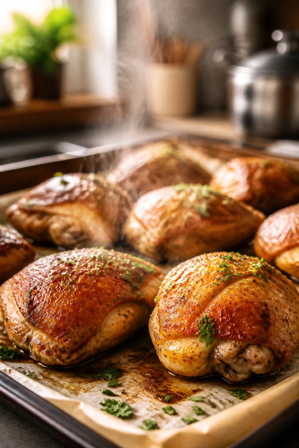 Roasted chicken thighs on a sheet pan in a cozy kitchen
