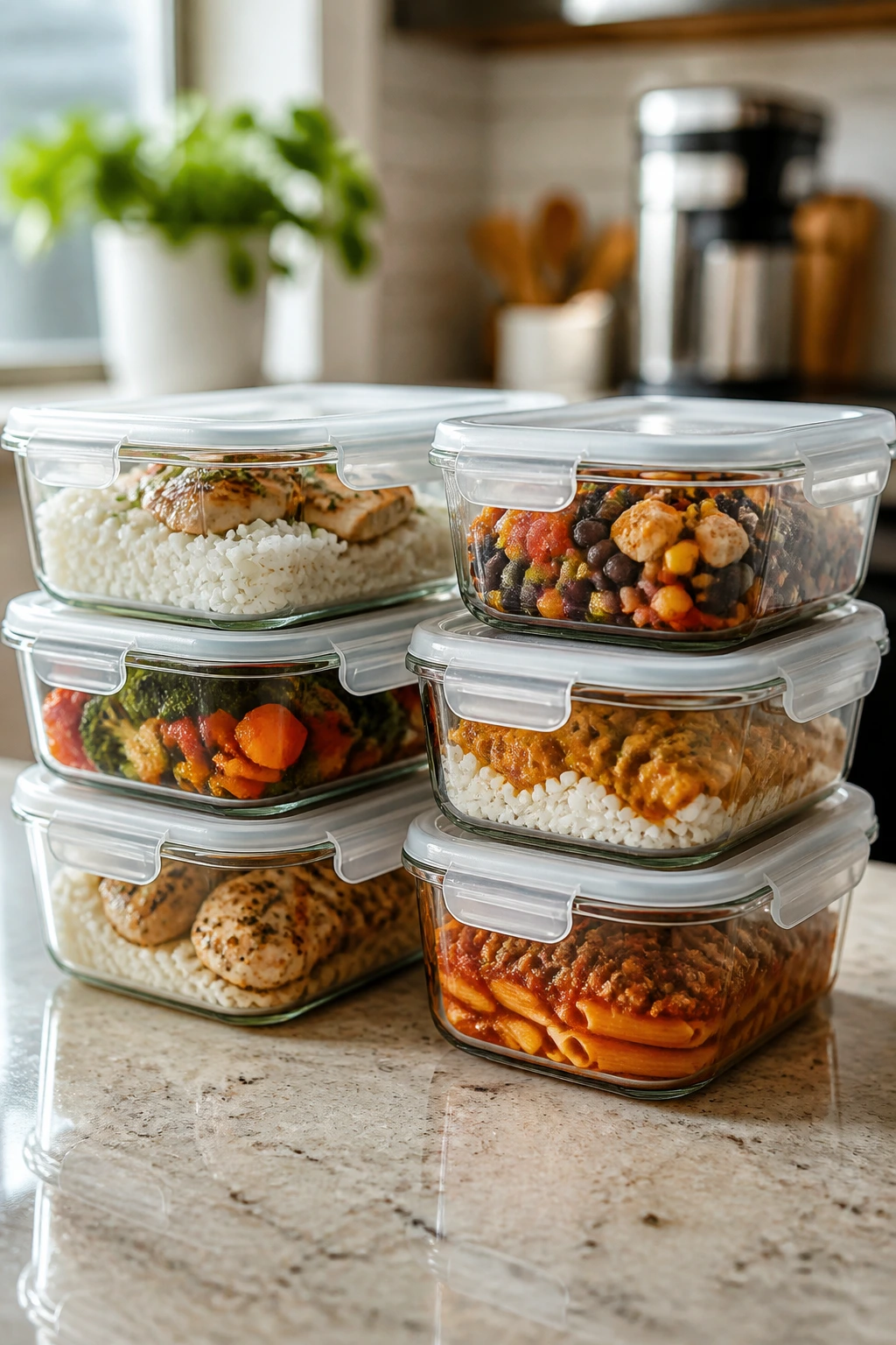Close-up of meal-prep containers filled with colorful meals on a kitchen counter