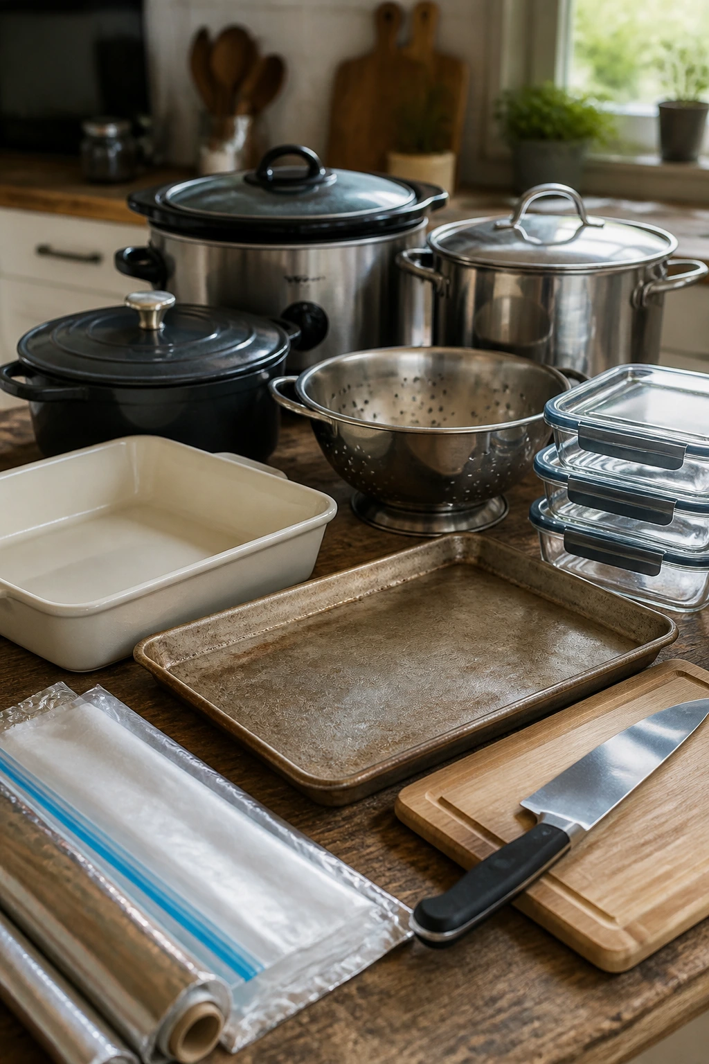 Close-up of batch-cooking gear on a kitchen counter