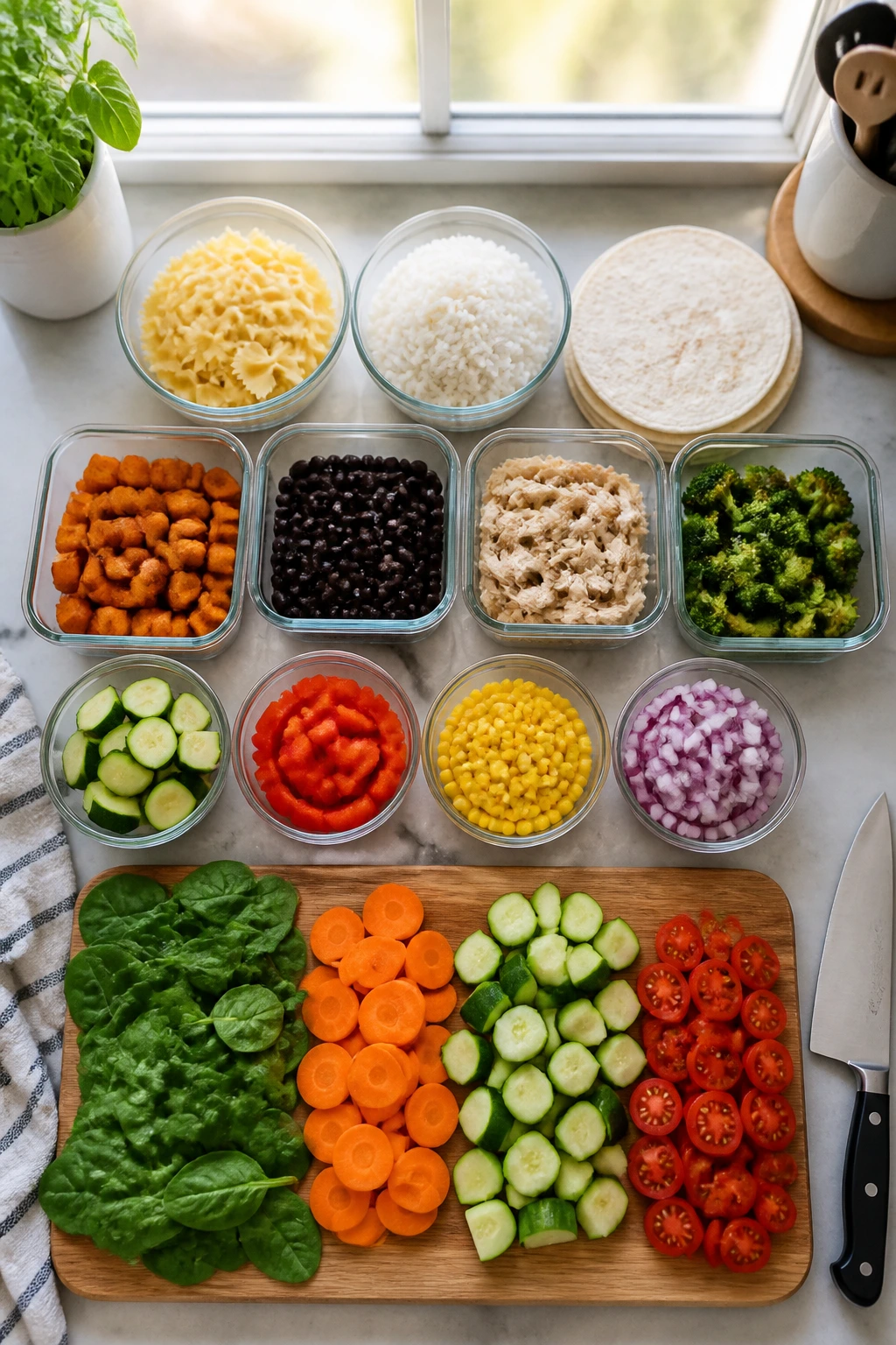 Top-down view of organized batch-cooking ingredients on a kitchen counter