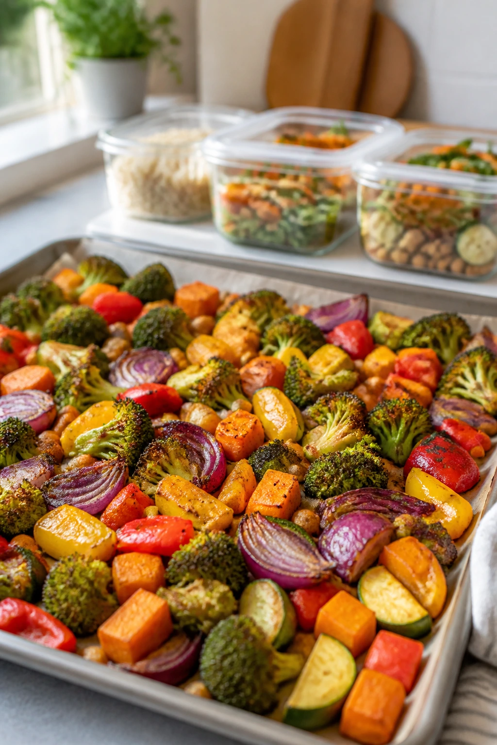 Overhead view of batch cooking setup with a roasting tray of vegetables