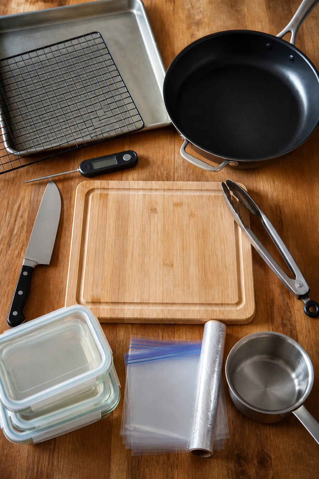 Top-down lay of essential batch cooking tools for making chicken