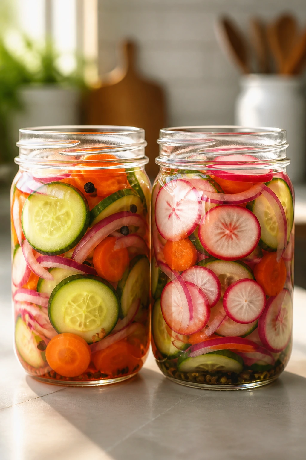 Two jars of pickled vegetables on a kitchen counter