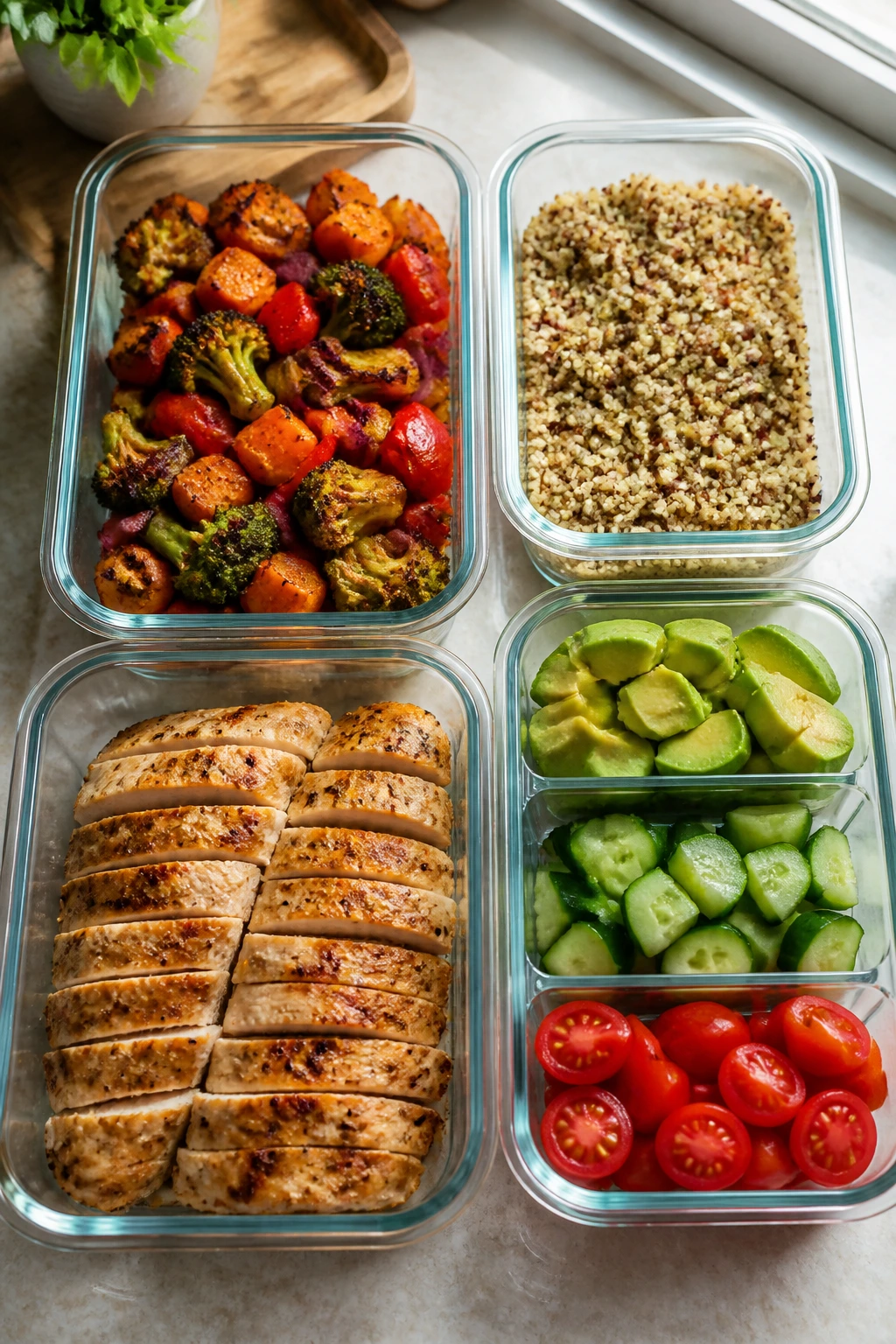 Top-down view of batch-prepped containers with vegetables, quinoa, and chicken