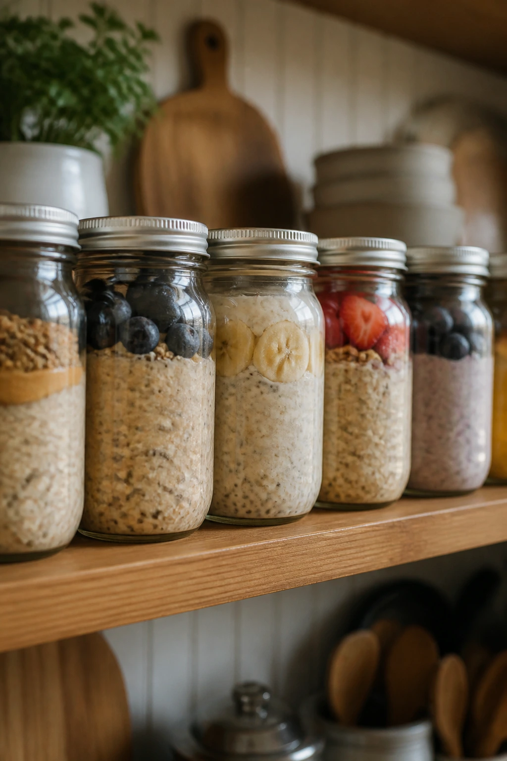 Jars of overnight oats lined up for batch prep breakfast
