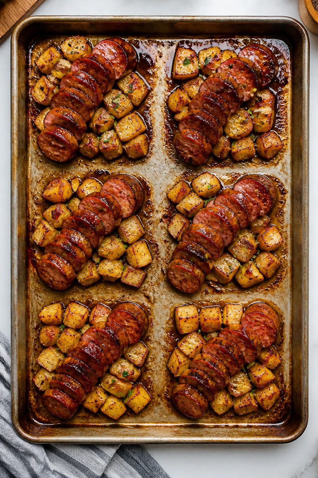 Overhead view of a sheet-pan with six portions of sausage and potatoes for meal prep