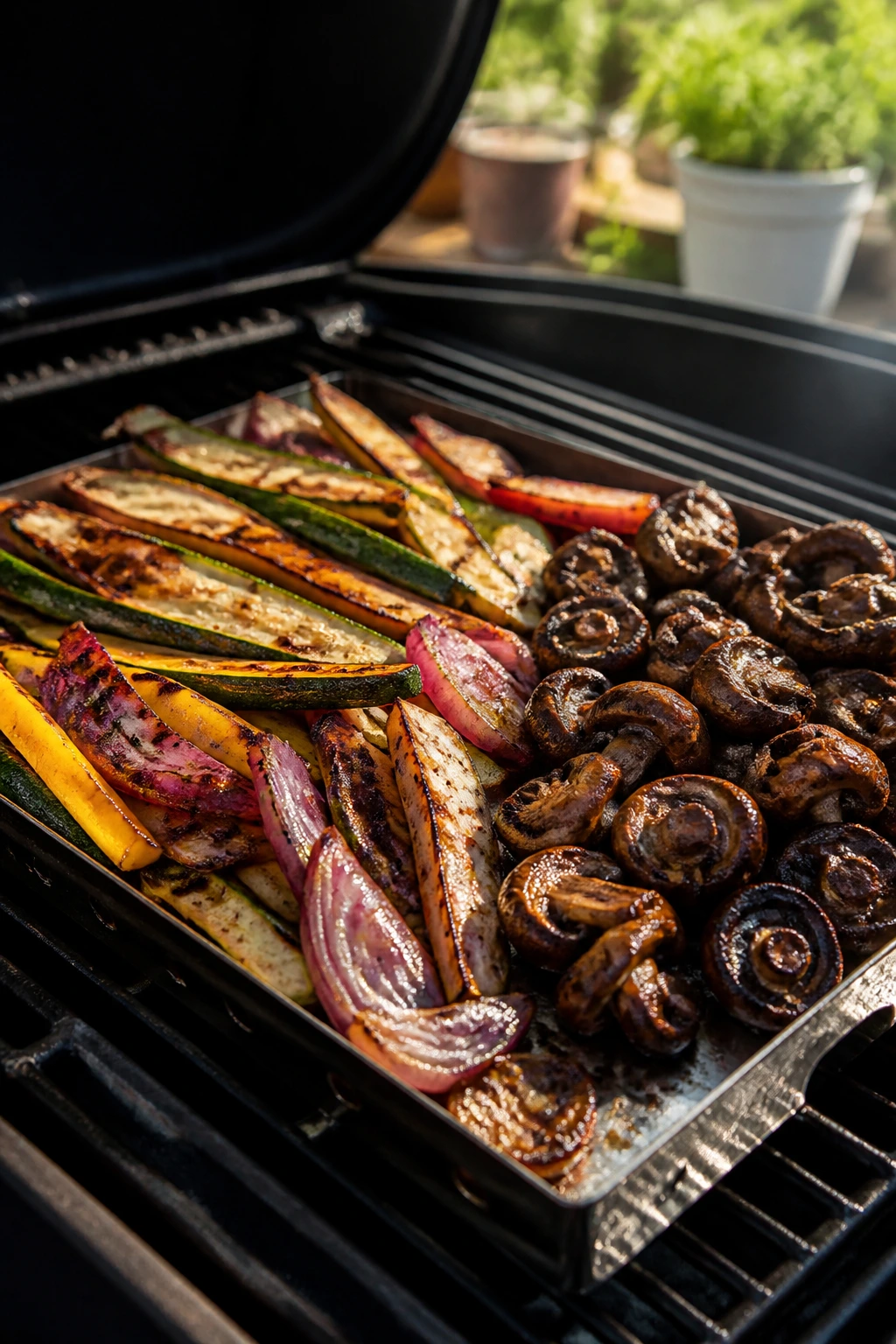 Grilled vegetables arranged to suggest batch portions on a hot grill