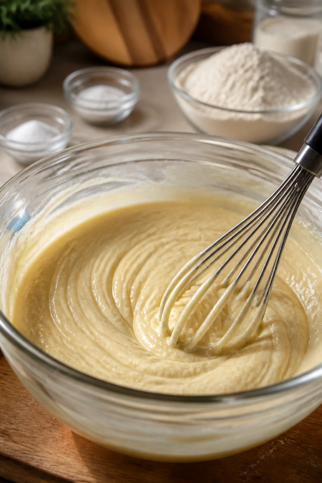 Batter in a glass bowl with dry ingredients visible in the background