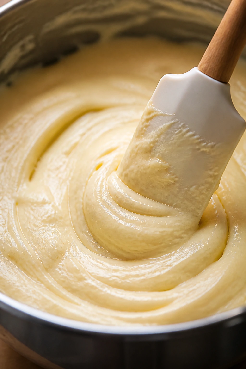 Glossy cupcake batter in a bowl being gently mixed with a spatula