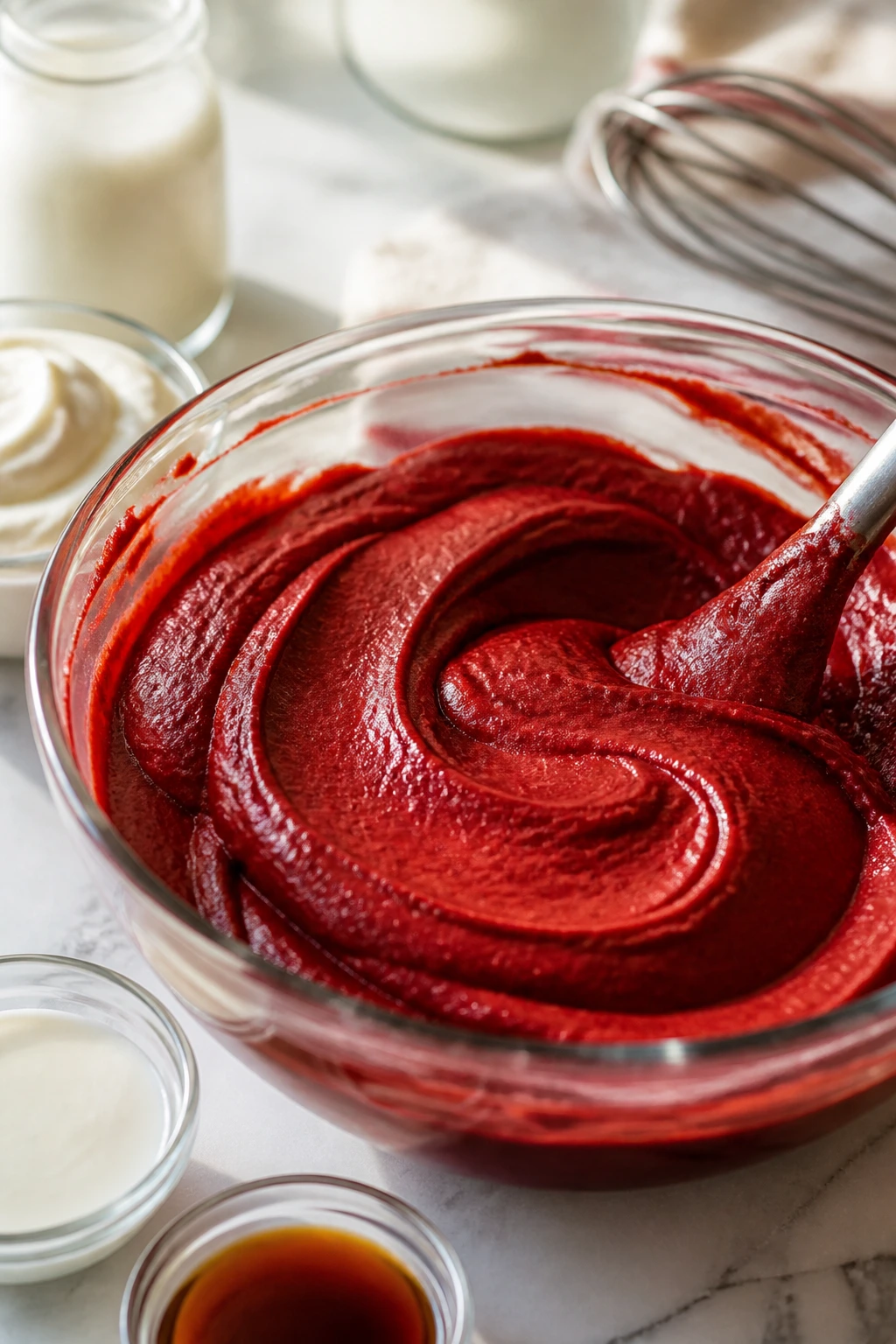 Close-up batter in mixing bowl with glossy texture.