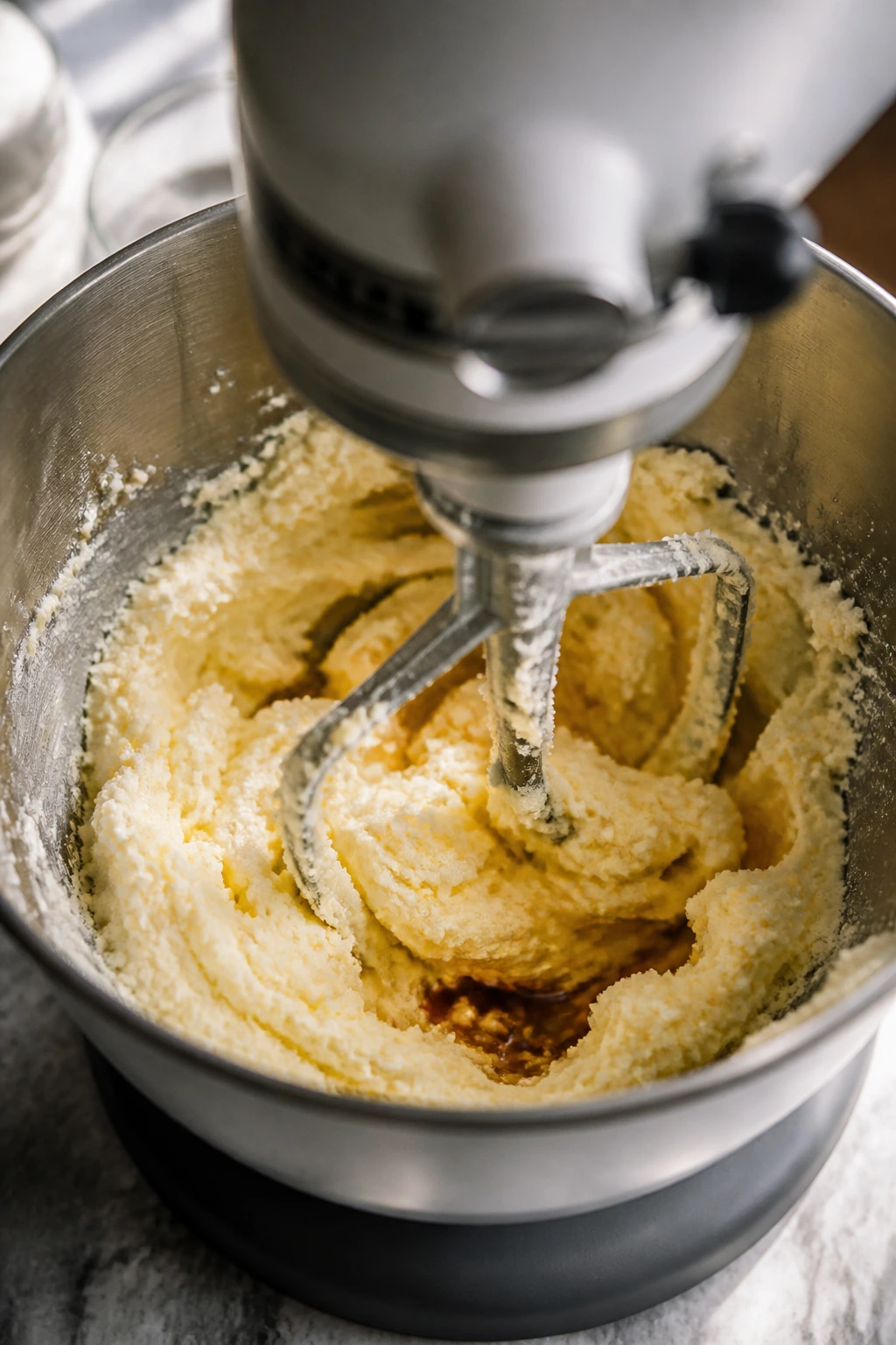 Close-up of butter and sugar being mixed in a bowl with a stand mixer