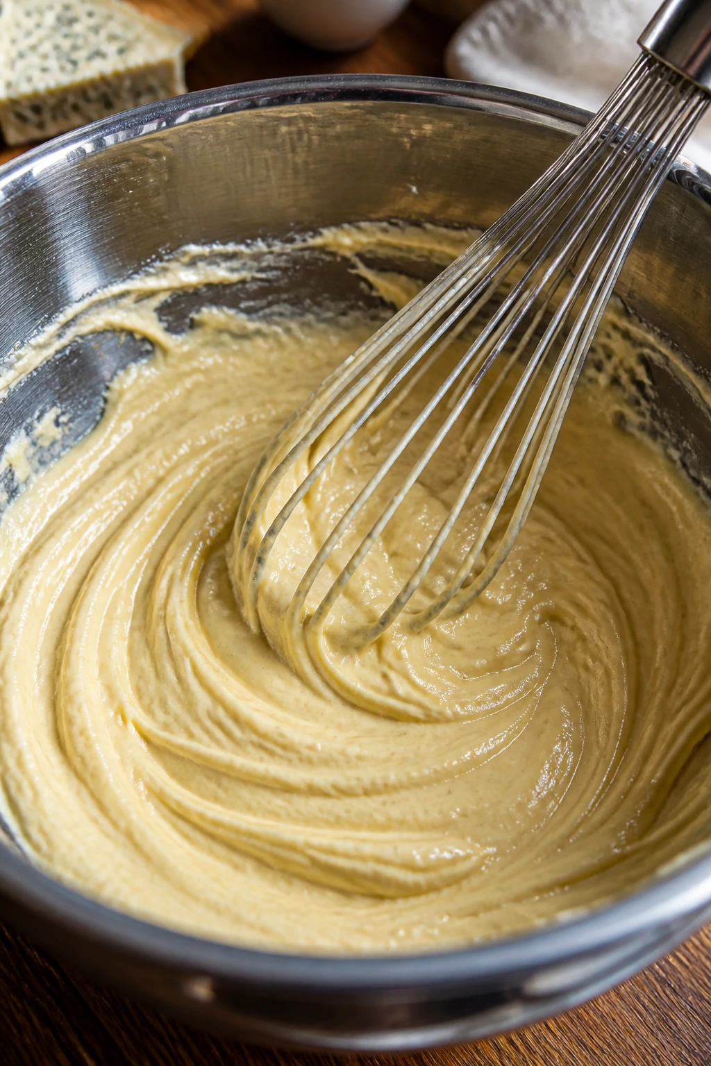 Batter being whisked in a mixing bowl