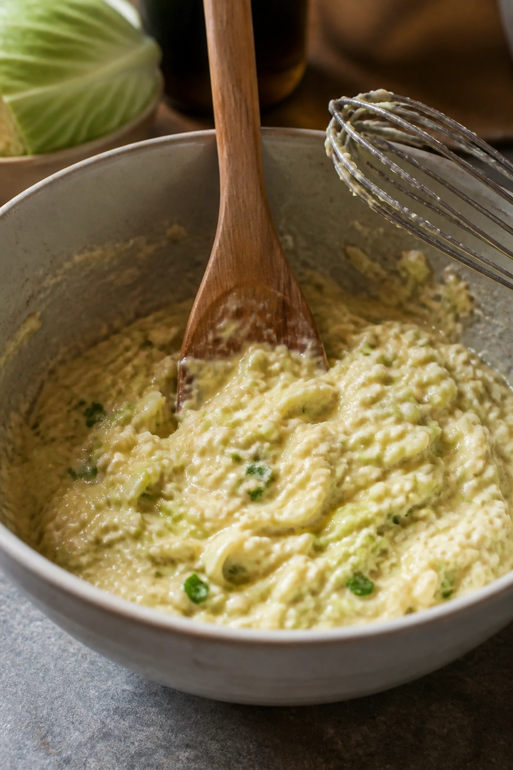 Thick cabbage batter in bowl with spoon and whisk