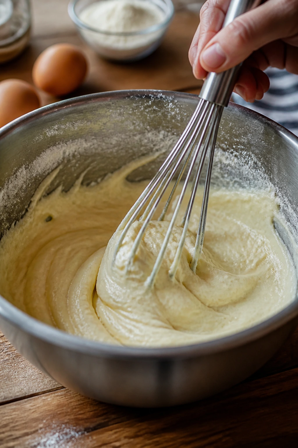 Close-up of pale cake batter being mixed in a stainless bowl on a wooden counter