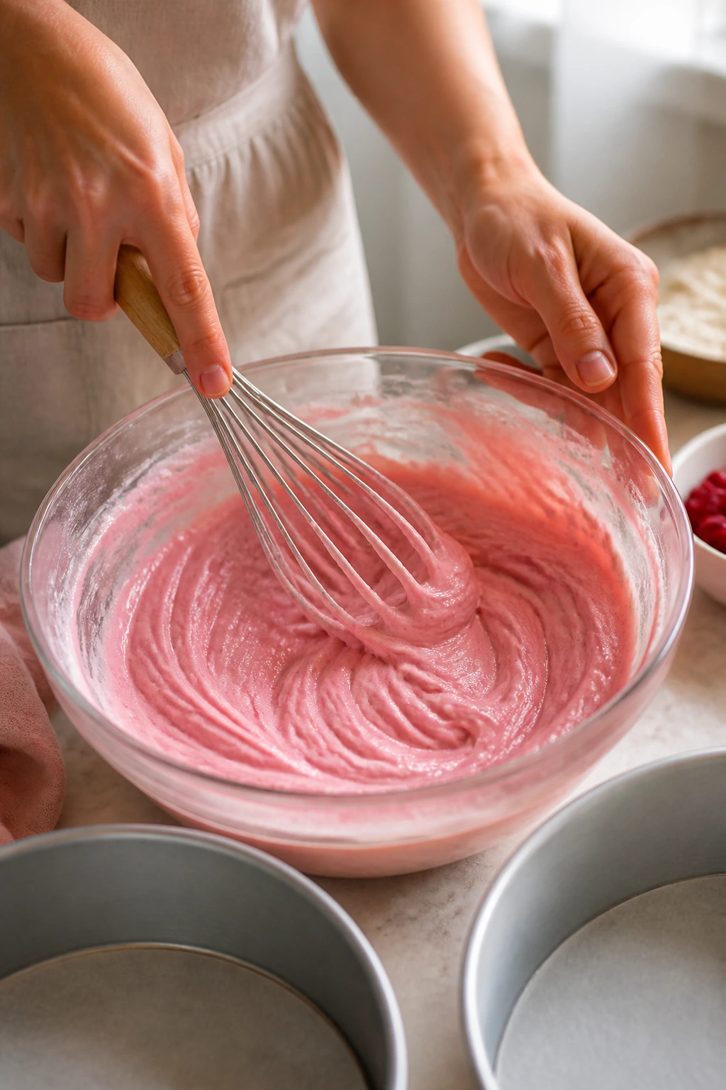 Hands whisking pink batter in a bowl in a sunny kitchen