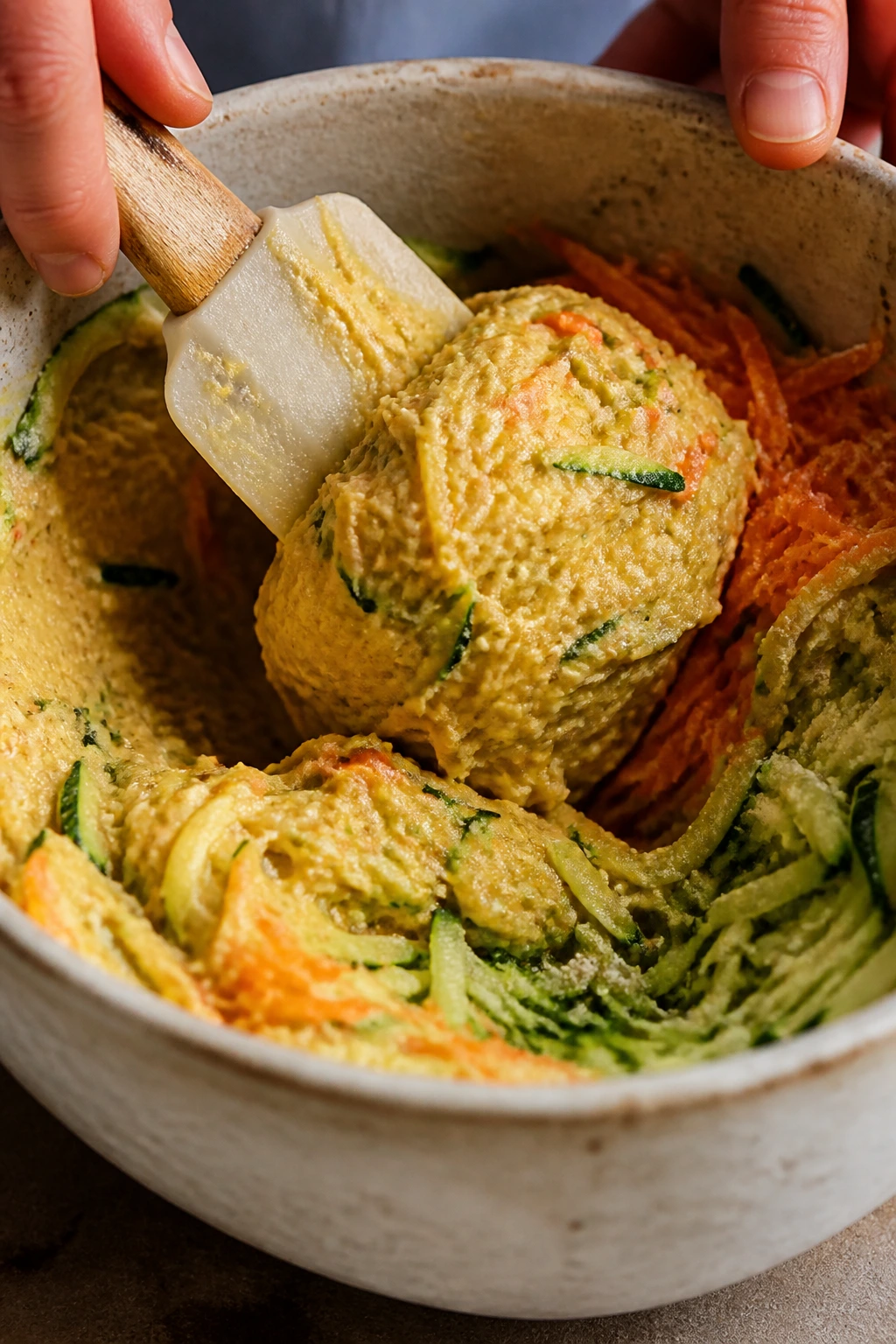 Close-up of hands mixing thick vegetable batter in a bowl with zucchini and carrot