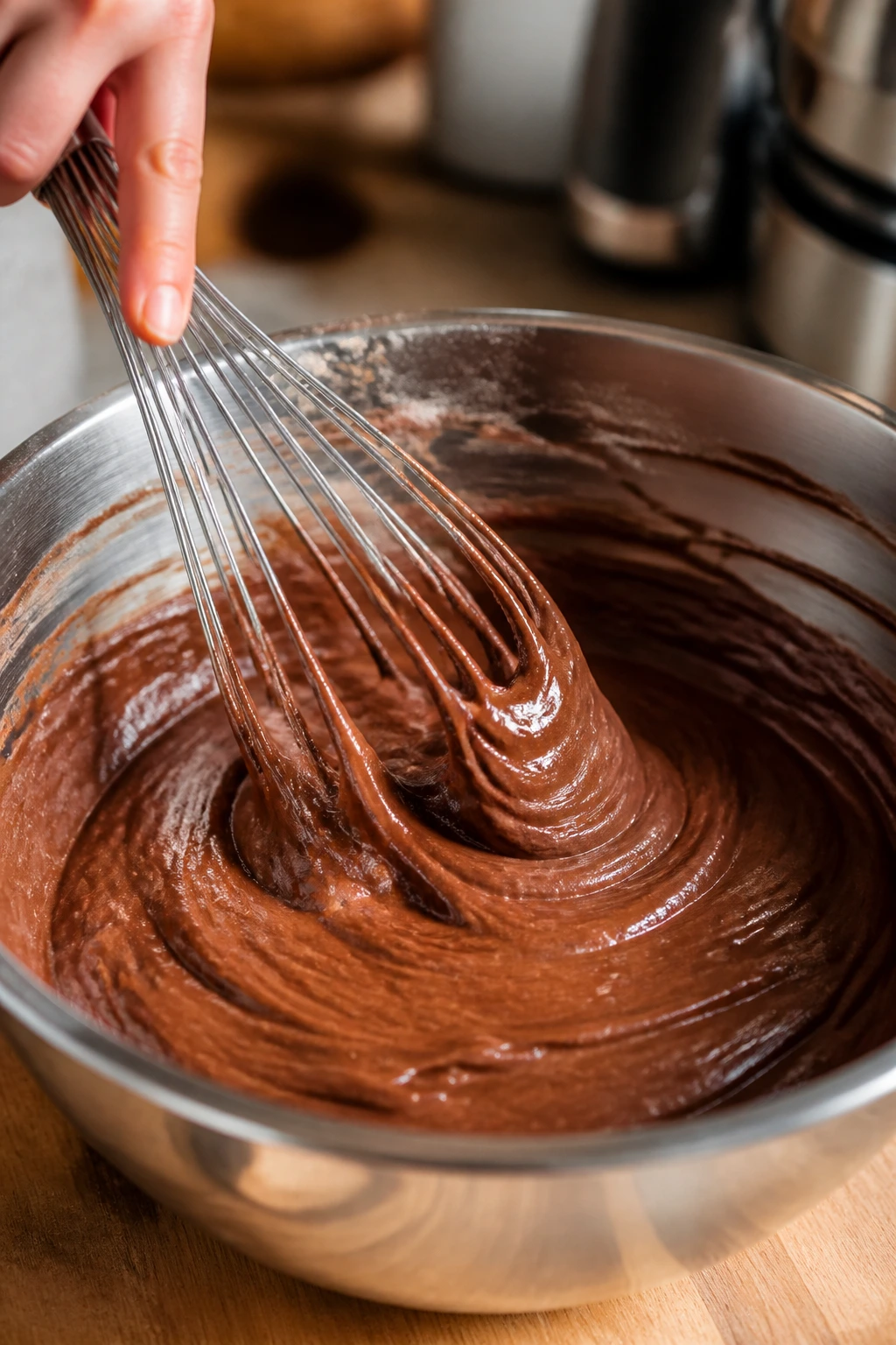 Close-up of glossy pale brownie batter being whisked in a metal bowl in a warm kitchen