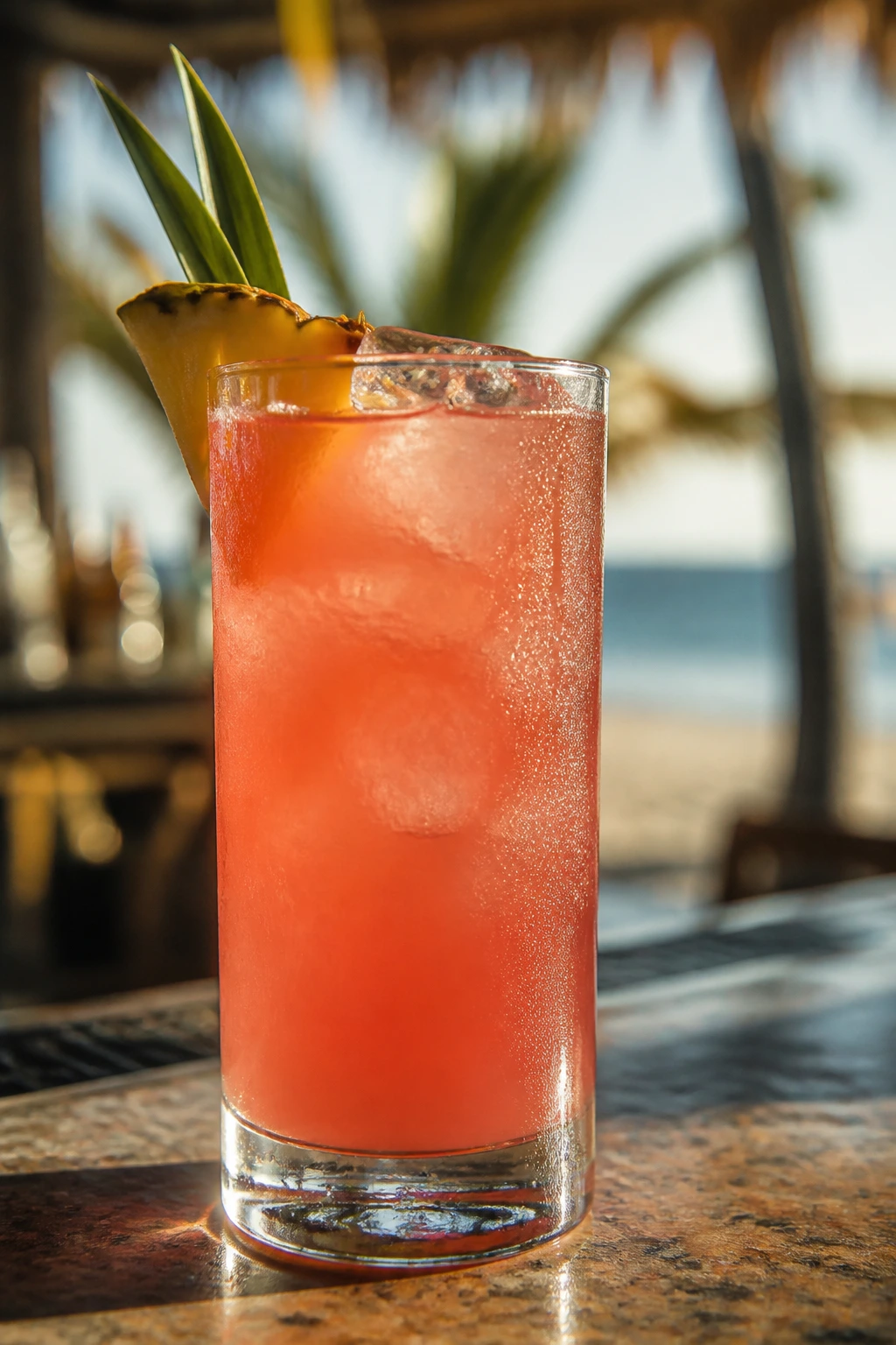 Close-up of a Bay Breeze cocktail in a tall glass with ice and condensation at a beachside bar