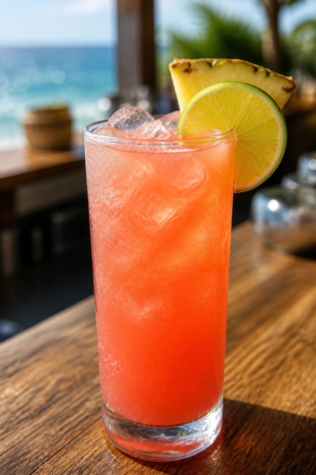 Close-up of a coral Smooth Bay Breeze Cocktail in a highball glass with lime and pineapple garnish on a sunlit bar counter