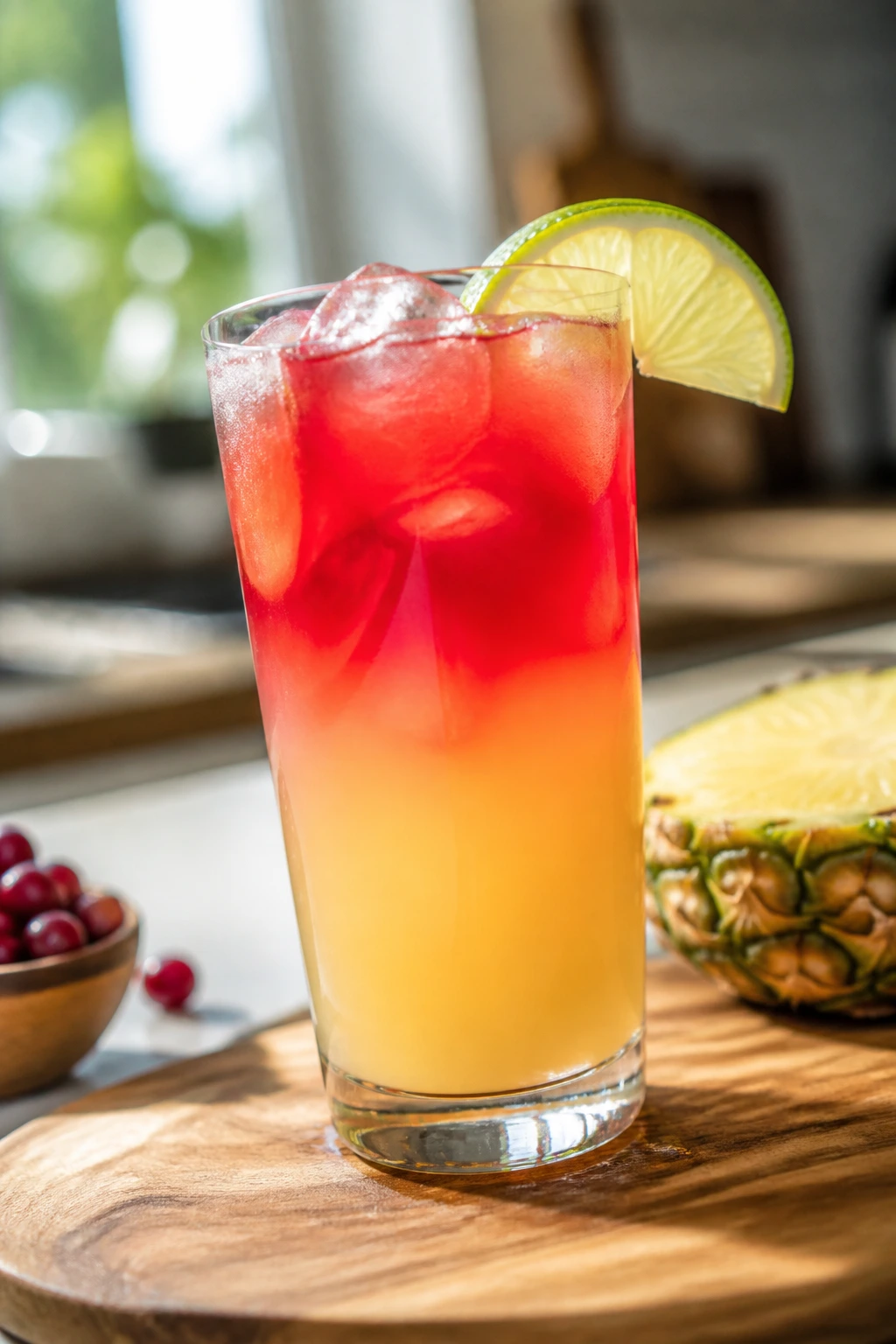 Bay Breeze cocktail in a highball glass with ice and a lime wheel