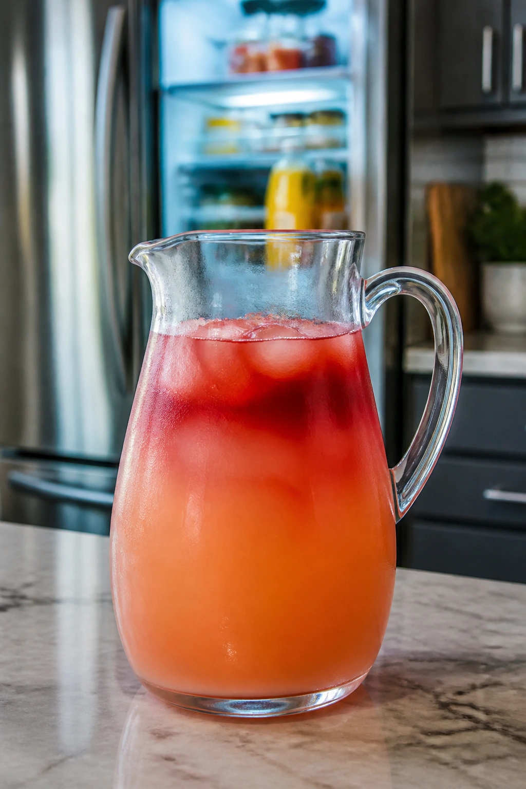 Pitcher of Bay Breeze base mix on kitchen counter for make-ahead prep
