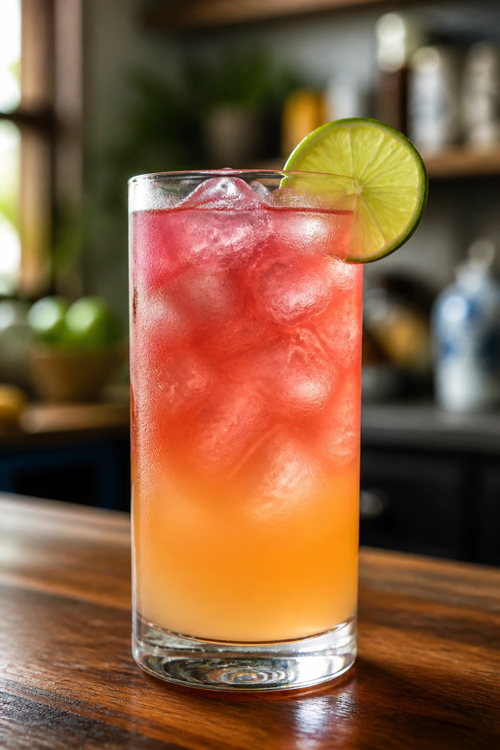 Highball glass with ice and lime wheel, minimal garnish