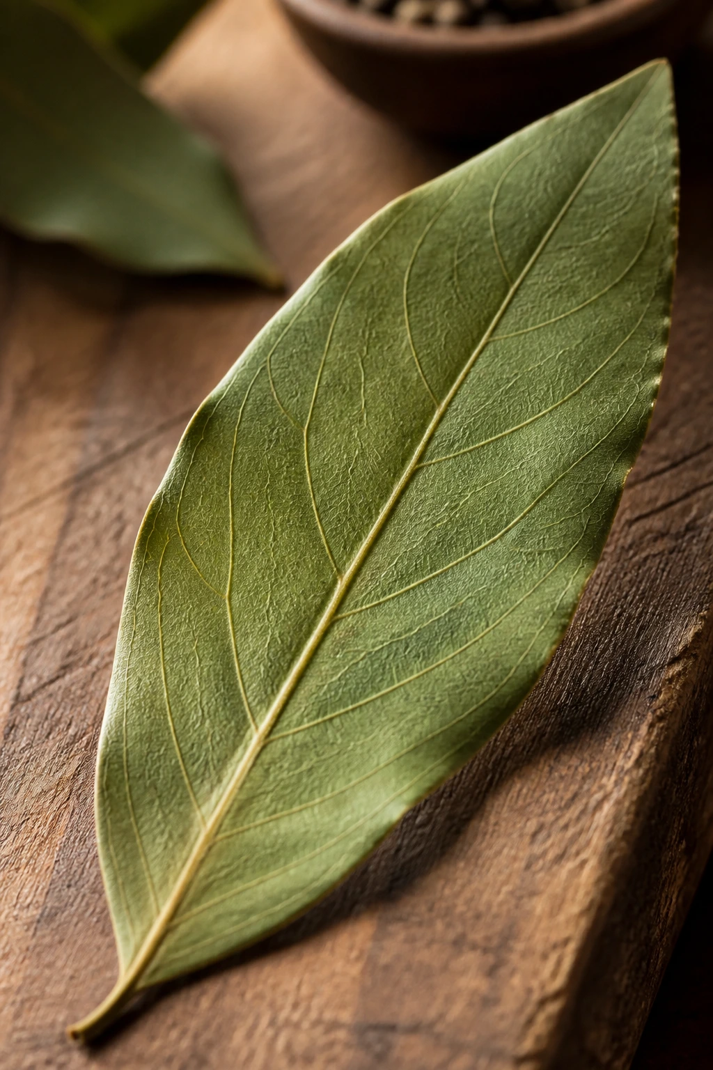 Close-up of bay leaf on cutting board