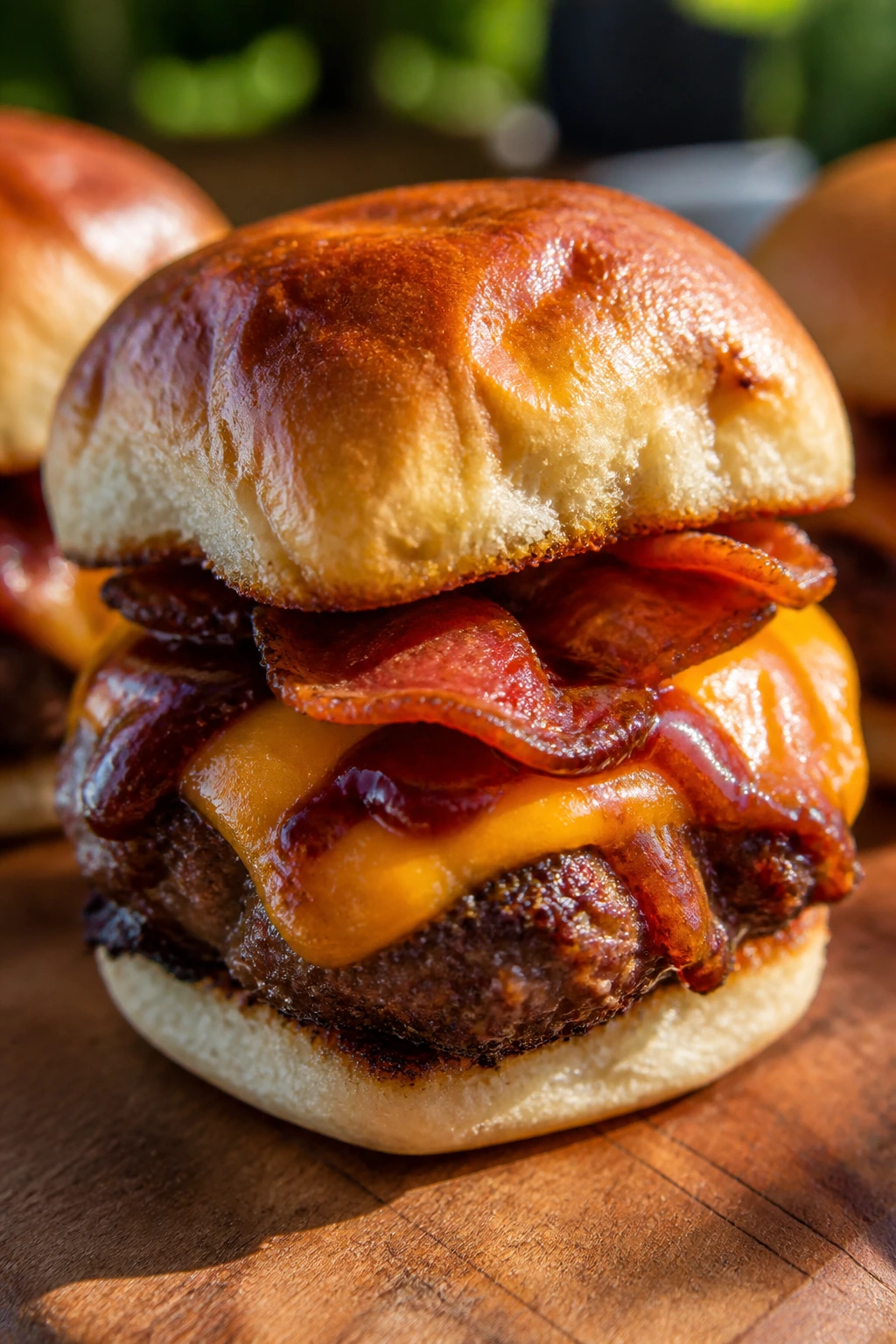 Close-up of BBQ Bacon Cheddar Slider with bacon, cheddar, and BBQ glaze on wooden board